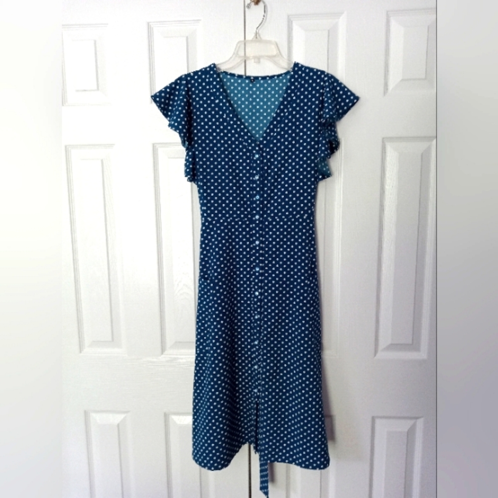 Polka Dot Dress Navy Blue Polka Large A Line Tie Knee Length Modest Button Up